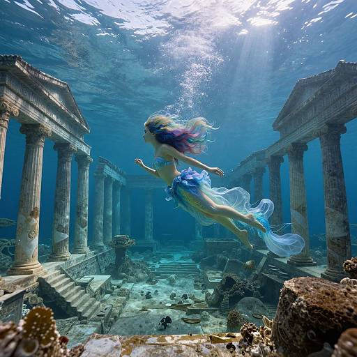 Photograph of a mermaid with flowing blue and purple hair, wearing a blue, translucent dress, swimming through an underwater ancient temple with sun rays illumin