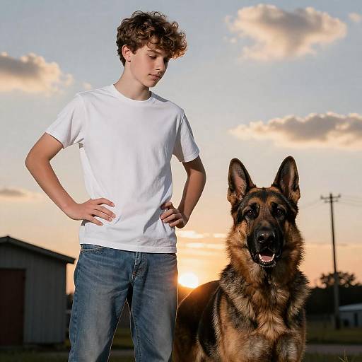 Teen Boy and German Shepherd at Sunset