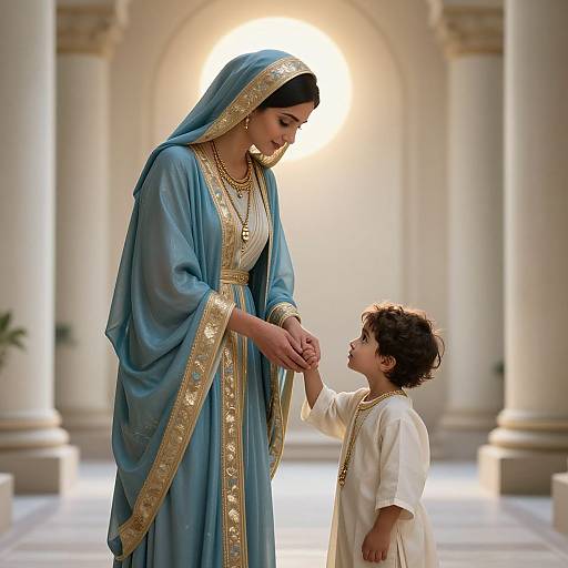 Photograph of a woman in a blue and gold traditional dress holding hands with a young boy in white, standing in a brightly lit, archway-ad