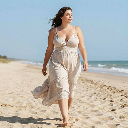 Photograph of a curvy, fair-skinned woman with dark hair, wearing a white, embroidered sundress, walking on a sunny, sandy beach
