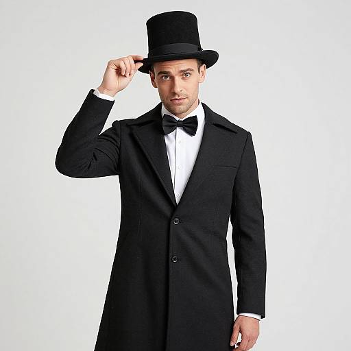 Photograph of a handsome man in a black tuxedo, black bow tie, and top hat, adjusting his hat against a white background.