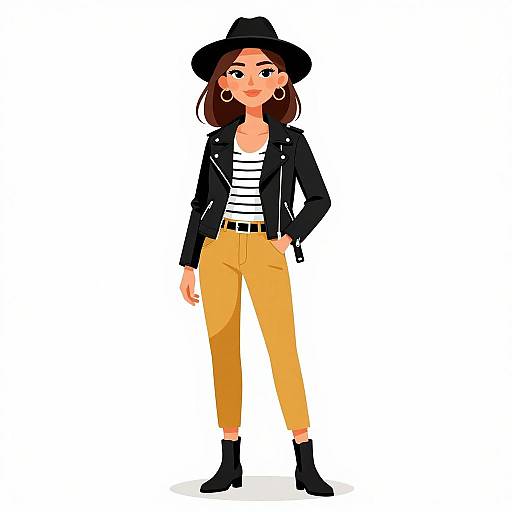 Digital illustration of a stylish woman with brown hair, wearing a black hat, striped shirt, black leather jacket, yellow pants, and black boots, standing