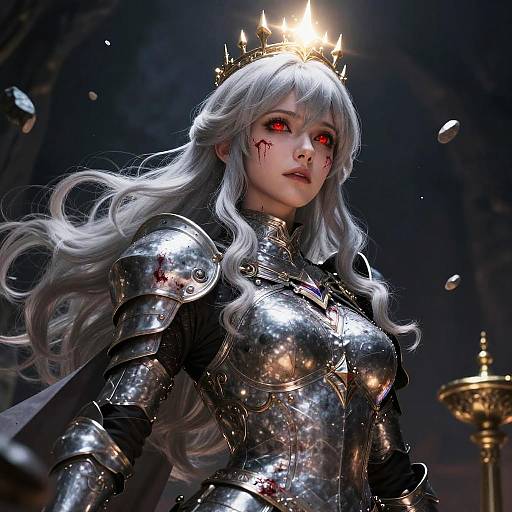 Digital art of a pale-skinned, silver-haired woman with red eyes, wearing reflective silver armor and a gold crown, standing in a dark, go
