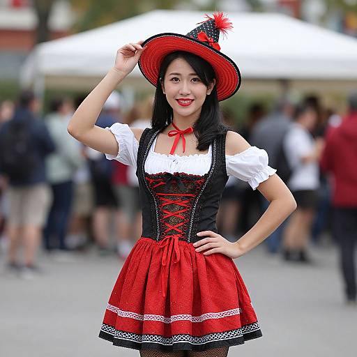 Photograph of a smiling Asian woman in a traditional German dirndl dress with red skirt, black corset, white blouse, and black hat with red