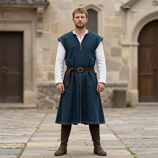 Photograph of a bearded man in medieval attire: blue dress over white shirt, brown belt, black pants, brown boots, standing in stone courtyard