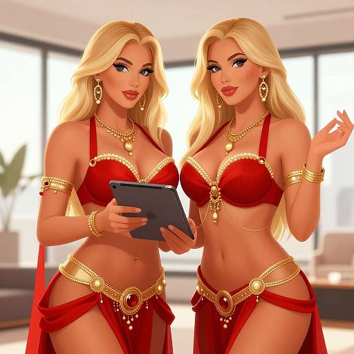 Digital illustration of two blonde women with long hair, wearing red, gold-accented belly dancer outfits, holding a tablet, in a bright, modern