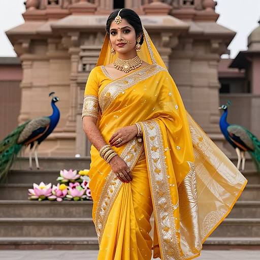 Indian bride in vibrant yellow saree with gold embroidery, wearing jewelry, standing in front of temple with two peacocks, pink flowers. Photograph.