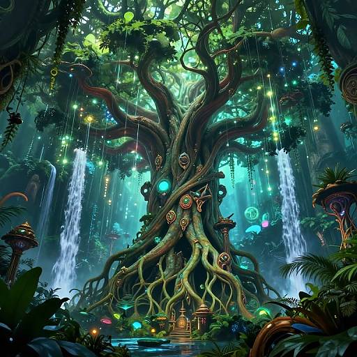 Digital fantasy artwork: Enchanted, towering tree with glowing orbs and intricate roots, surrounded by cascading waterfalls in a lush, mystical forest.