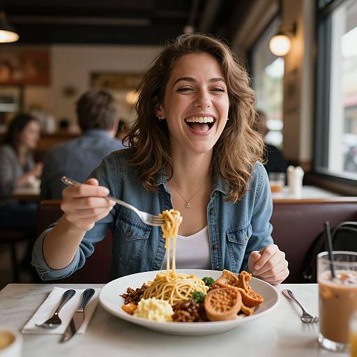 Photograph of a smiling woman with wavy brown hair, wearing a denim jacket, enthusiastically eating spaghetti with meatballs in a cozy, dimly-l