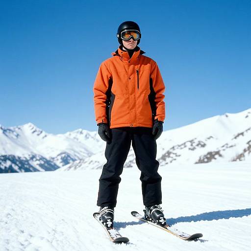 Photograph of a male skier in an orange jacket, black pants, and ski goggles standing on snow with mountain peaks in the background under a clear