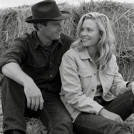 Couple Sitting on Hay in Black and White
