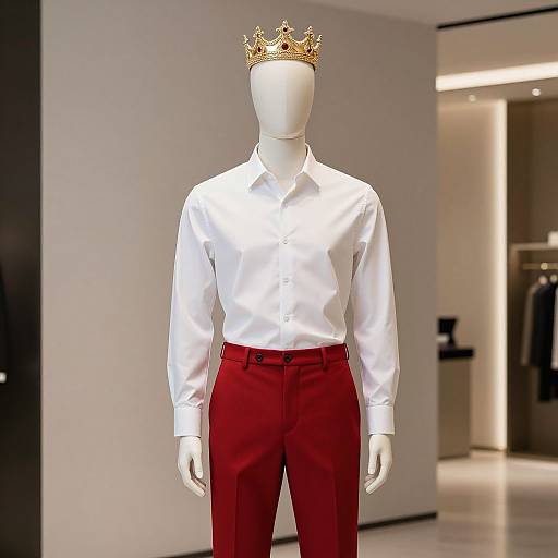 Photograph of a white faceless mannequin wearing a white long-sleeve dress shirt, red pants, and a gold crown, displayed in