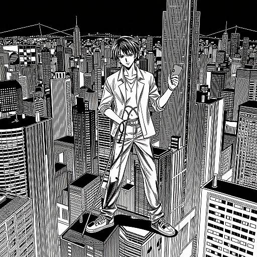 Black-and-white, highly detailed, digital manga-style drawing of a person in a suit standing amidst a densely packed, vertical-lined urban cityscape, creating