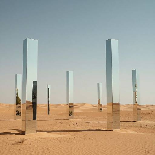 Photograph of sleek, reflective metal sculptures standing in a vast, sunlit desert with golden sand dunes and clear blue sky.