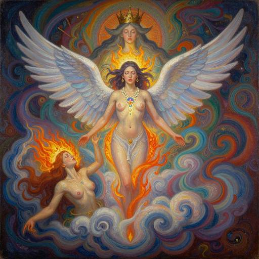 Digital painting of two topless angelic women with wings, one crowned, surrounded by swirling clouds and flames, with vibrant, mystical colors.