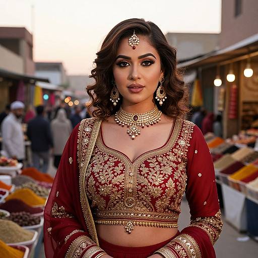 Photograph of a beautiful South Asian woman with medium brown skin and wavy dark hair, wearing an ornate red and gold traditional lehenga, intricate