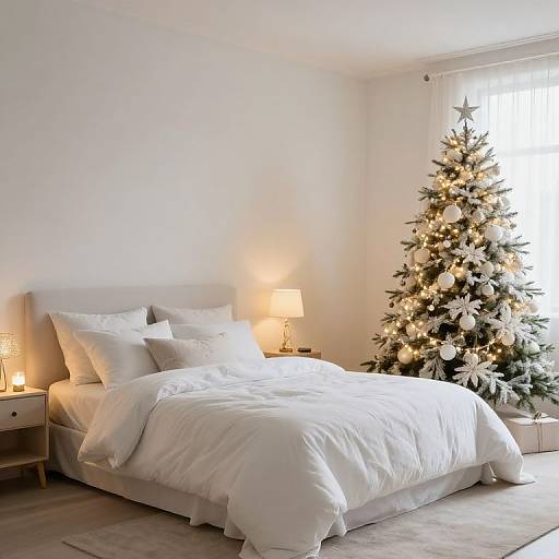 Bright, minimalist bedroom with white bedding, beige headboard, two nightstands, lit lamps, and a decorated Christmas tree near a window.