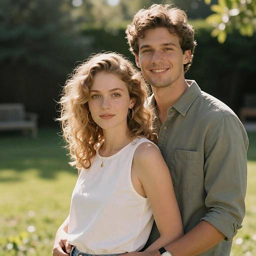 Photograph of a smiling couple in a sunlit garden; woman with curly blonde hair in white tank top, man with curly brown hair in green shirt