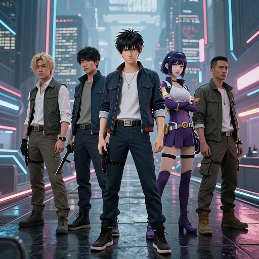 Digital anime-style illustration of five futuristic, neon-lit city characters in front of towering skyscrapers, standing confidently with guns.