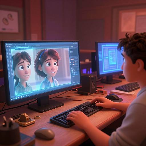 Photorealistic CGI of a young boy at a desk, editing digital animation of a smiling animated boy on two computer monitors.