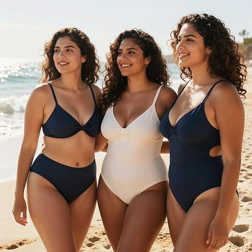 Photograph of three smiling women with curly brown hair, wearing black and white high-cut one-piece swimsuits, standing on a sunny beach.