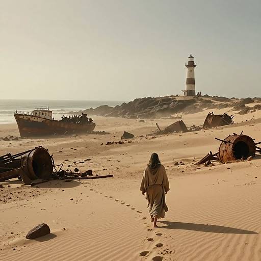 Photograph of a lone figure in a beige robe walking on a sandy beach with sunken ships and a lighthouse in the background.