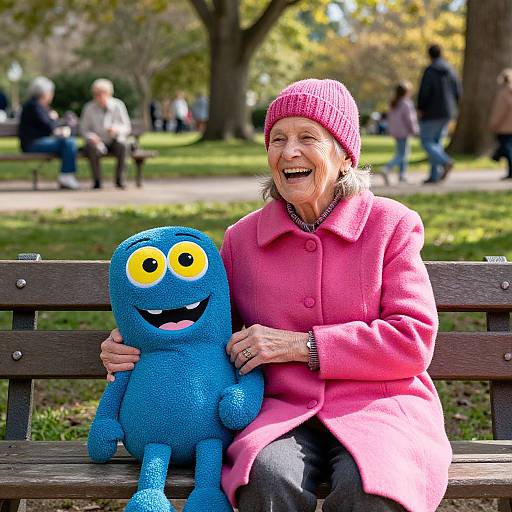 Elderly woman in pink coat and beanie, smiling, sits on park bench with blue, yellow-eyed, smiling monster toy. Background: people