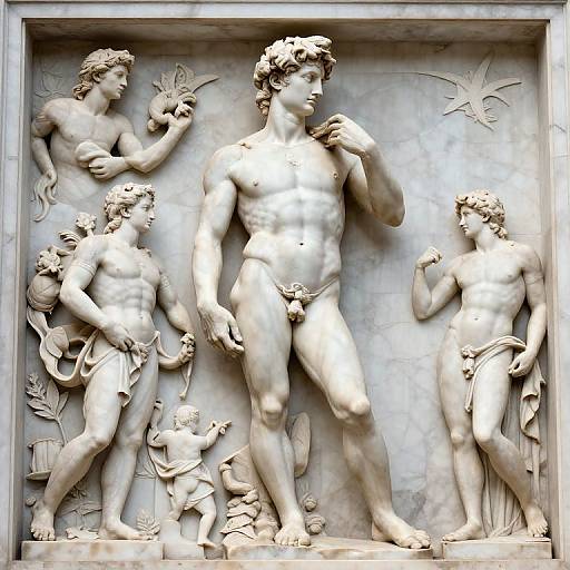 Photograph of a detailed marble relief sculpture featuring four nude, muscular, classical-style male figures with curly hair, surrounded by floral and wing motifs, standing