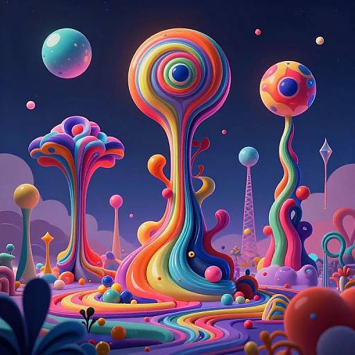 Vibrant, surreal digital art of colorful, abstract, wave-like structures with neon hues, floating orbs, and a starry night sky.
