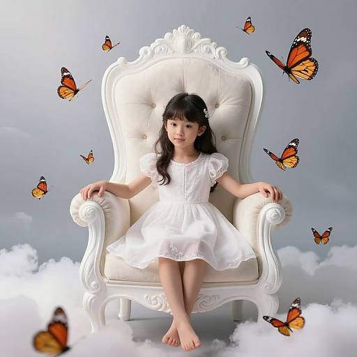 Photograph of an Asian girl with long black hair in a white dress, sitting on a white ornate chair, surrounded by orange and black butterflies,