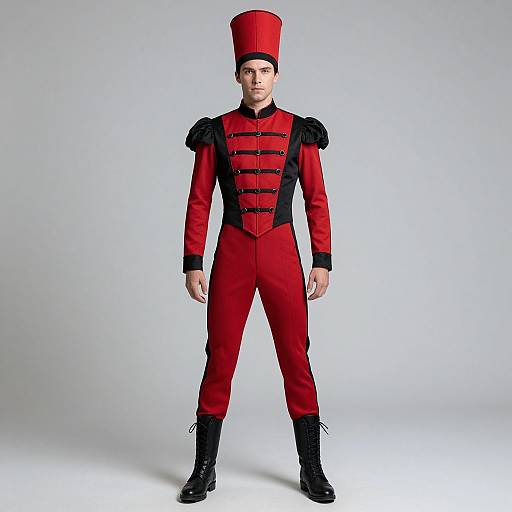 Photograph of a young man standing in a studio, wearing a red and black military-style uniform with a tall hat, black boots, and black shoulder