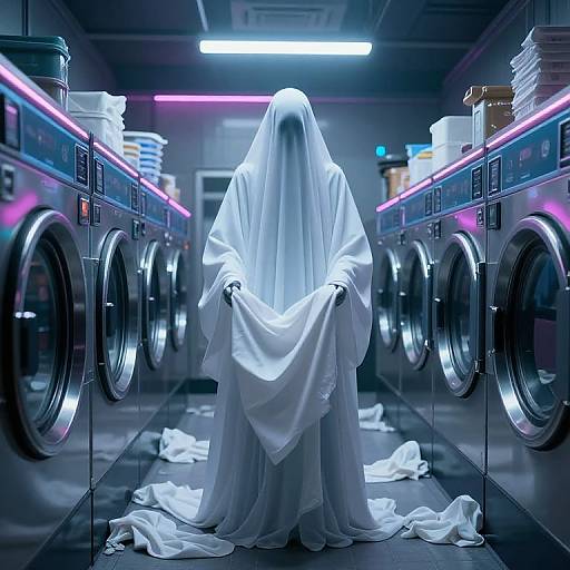 Mysterious figure in white sheet hood standing in brightly lit laundry room, holding fabric, surrounded by neon lights and washing machines.