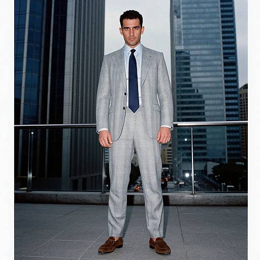Photograph of a handsome, dark-haired man in a light gray checkered suit, navy tie, and brown dress shoes, standing confidently on a modern
