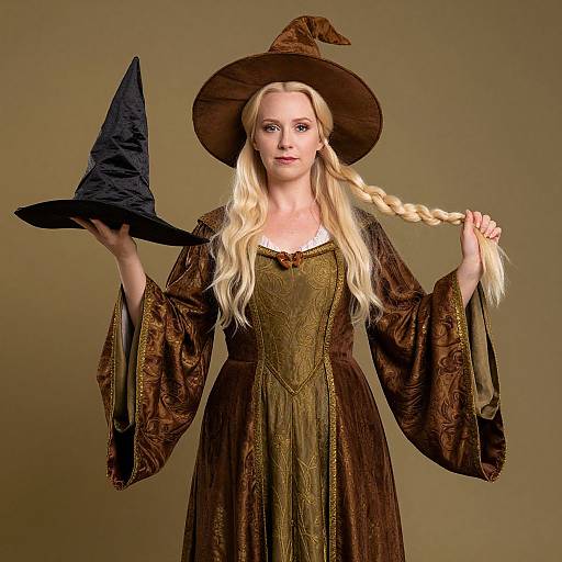 Photograph of a blonde woman in a medieval-style brown dress and pointed witch hat, holding a black wizard hat, with a long braid in her