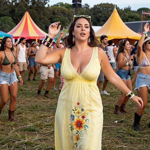 Photograph of a curvy woman with pale skin, dark hair, wearing a yellow floral dress and bracelets, standing in a vibrant outdoor festival with colorful