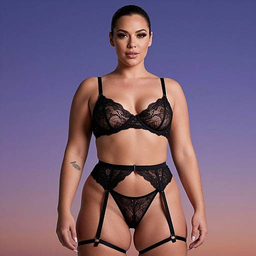 Photograph of a confident, curvy woman with light brown skin, black lace lingerie, garter belt, and tattoo on left arm, standing against