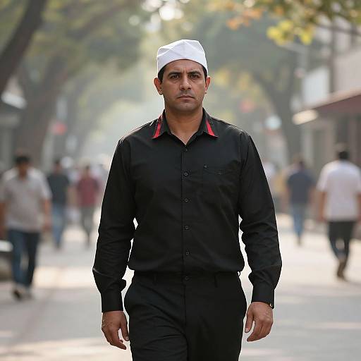 Photograph of a serious-looking South Asian man in a black long-sleeve shirt, black pants, and white cap, walking down a sunlit