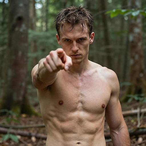 Intense Shirtless Man in Forest