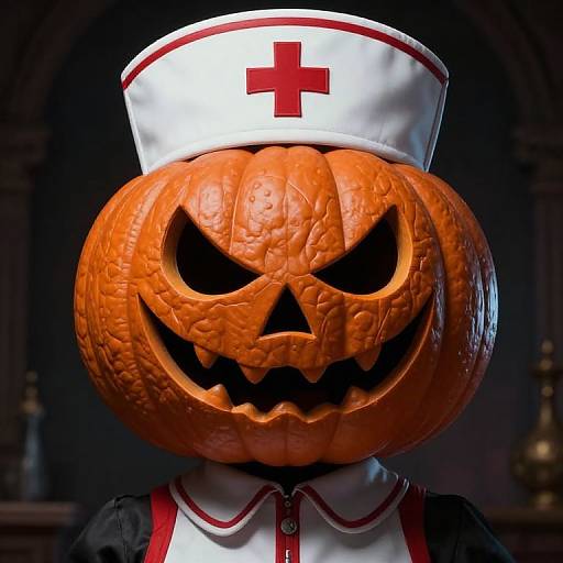 Photograph of a carved pumpkin jack-o'-lantern with sinister eyes and teeth, wearing a white nurse hat and uniform, in dark, gothic