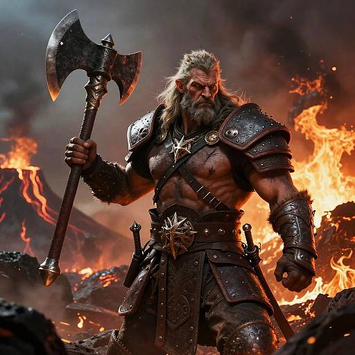 Muscular, bearded Viking warrior with long white hair, holding a large axe, standing in fiery volcanic landscape, wearing dark metal armor. Photoreal