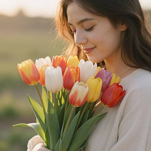 Photograph of a smiling young woman with long brown hair, holding a bouquet of colorful tulips (red, white, yellow, pink) in soft