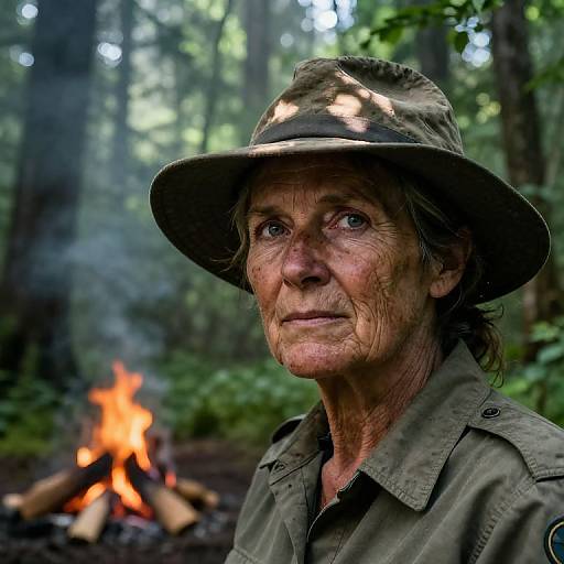 Photograph of a weathered, middle-aged woman with wrinkled skin, wearing a camouflage hat and green jacket, standing by a small campfire in