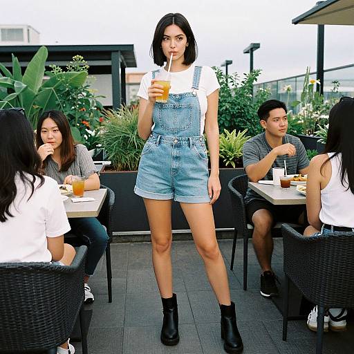 Photograph of a confident woman in denim overalls and black boots, sipping an iced drink, standing at a rooftop café with three seated patrons