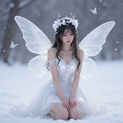 Photograph of a fair-skinned, Asian woman with long black hair, wearing a white, sparkling fairy dress and wings, crown of snowflakes