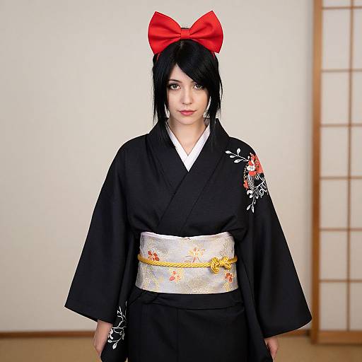 Photograph of a young woman with pale skin, black hair, and red bow, wearing a black kimono with white and gold floral obi,