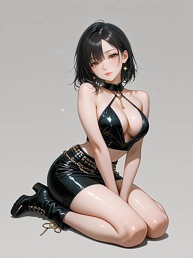 Digital anime-style drawing of a black-haired woman with fair skin, kneeling in a shiny black latex outfit, revealing cleavage, and black boots.