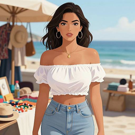 Digital art of a beautiful, tan-skinned woman with black hair, wearing a white off-shoulder crop top and high-waisted blue jeans