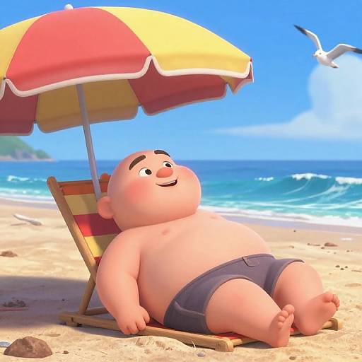 Cartoon chubby man with pale skin, blue shorts, and a red-yellow umbrella, lounges on a beach chair under a bright blue sky. Se