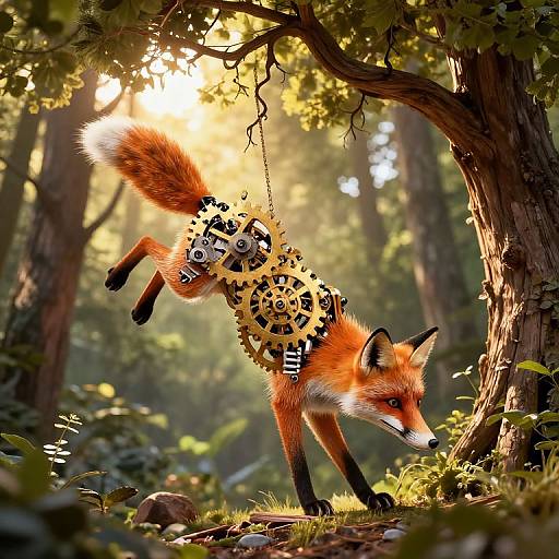 Photorealistic CGI of a fox with gears and chains on its back, walking through a sunlit, dense forest. Bright sunlight filters through trees.
