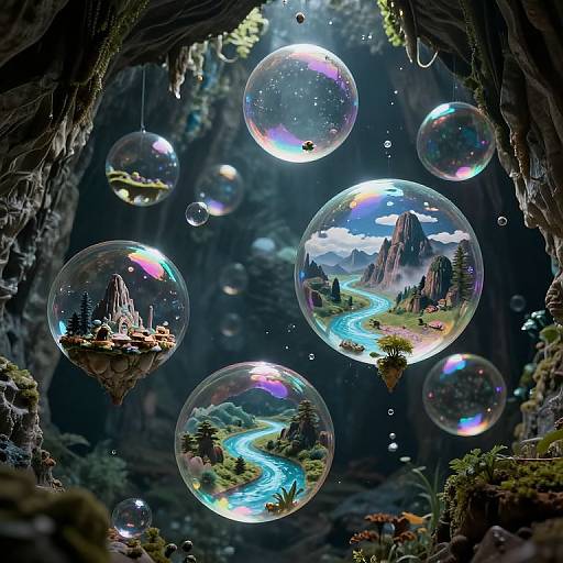 Fantastical digital art: iridescent bubbles containing floating islands and landscapes, suspended in a dark, mossy cave with a glowing blue river outside